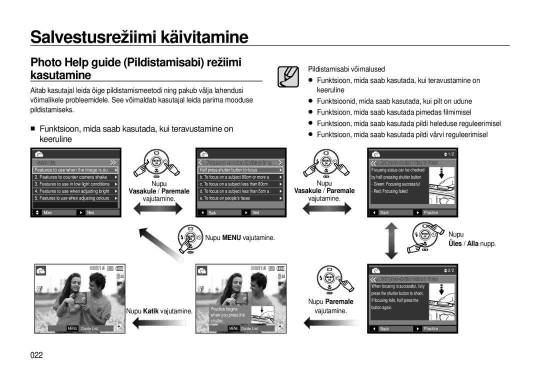 Samsung EC-I8ZZZBBA/RU manual Photo Help guide Pildistamisabi režiimi kasutamine, 022, Vasakule / Paremale, Nupu Paremale 