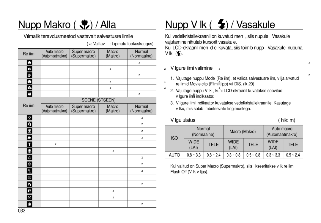 Samsung EC-I8ZZZBBA/RU, EC-I8ZZZWBA/RU manual Nupp Välk / Vasakule, „ Võimalik teravdusmeetod vastavalt salvestusrežiimile 