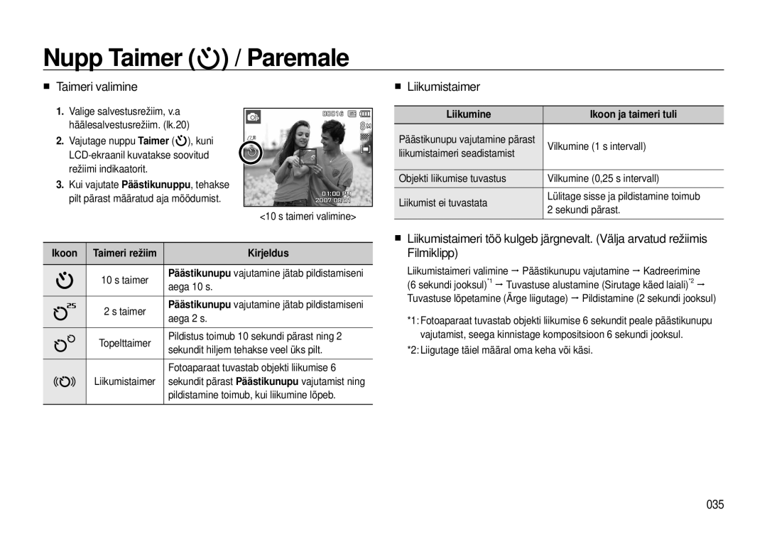 Samsung EC-I8ZZZWBA/RU, EC-I8ZZZBBA/RU manual „ Taimeri valimine „ Liikumistaimer, 035, Liikumine Ikoon ja taimeri tuli 