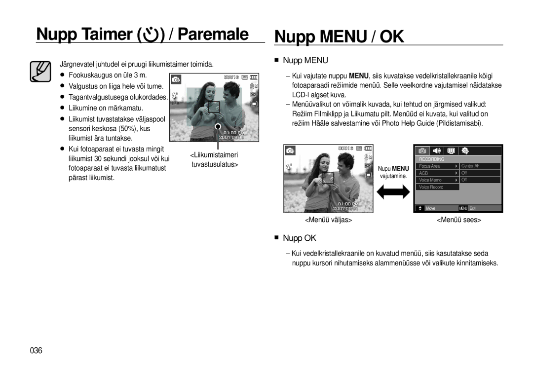 Samsung EC-I8ZZZBBA/RU, EC-I8ZZZWBA/RU manual Nupp Taimer / Paremale, Nupp Menu / OK, „ Nupp Menu, „ Nupp OK, 036 