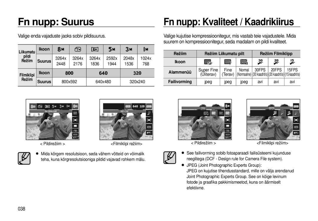 Samsung EC-I8ZZZBBA/RU Fn nupp Suurus, Fn nupp Kvaliteet / Kaadrikiirus, Valige enda vajaduste jaoks sobiv pildisuurus 