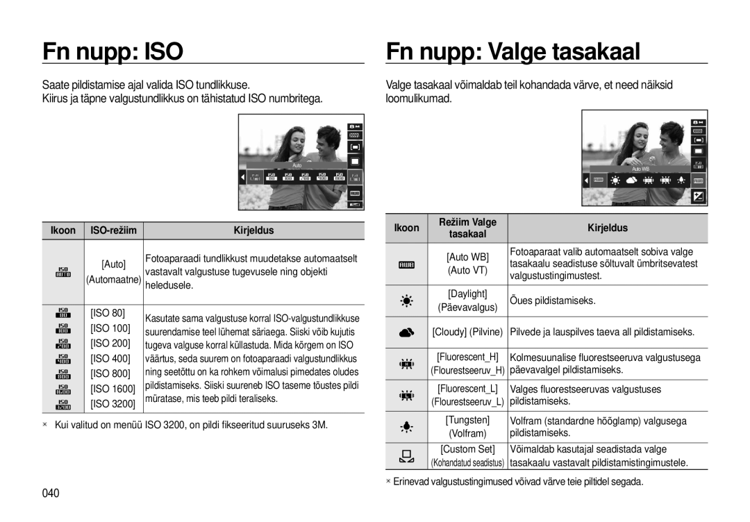 Samsung EC-I8ZZZBBA/RU Fn nupp ISO, Fn nupp Valge tasakaal, 040, Ikoon ISO-režiim Kirjeldus, Ikoon Režiim Valge Kirjeldus 