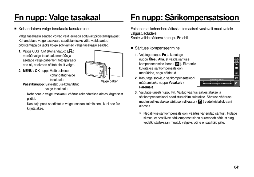 Samsung EC-I8ZZZWBA/RU, EC-I8ZZZBBA/RU manual Fn nupp Särikompensatsioon, „ Kohandatava valge tasakaalu kasutamine, 041 