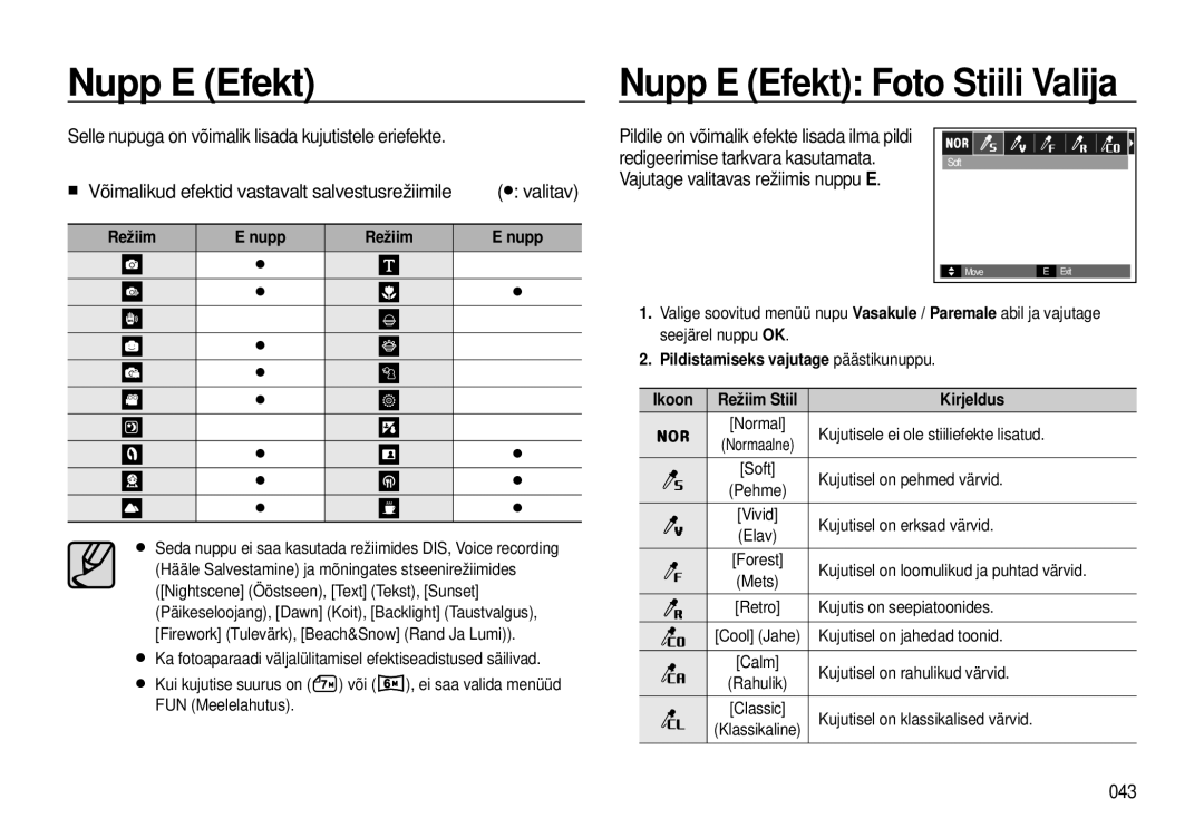 Samsung EC-I8ZZZWBA/RU Nupp E Efekt Nupp E Efekt Foto Stiili Valija, Selle nupuga on võimalik lisada kujutistele eriefekte 