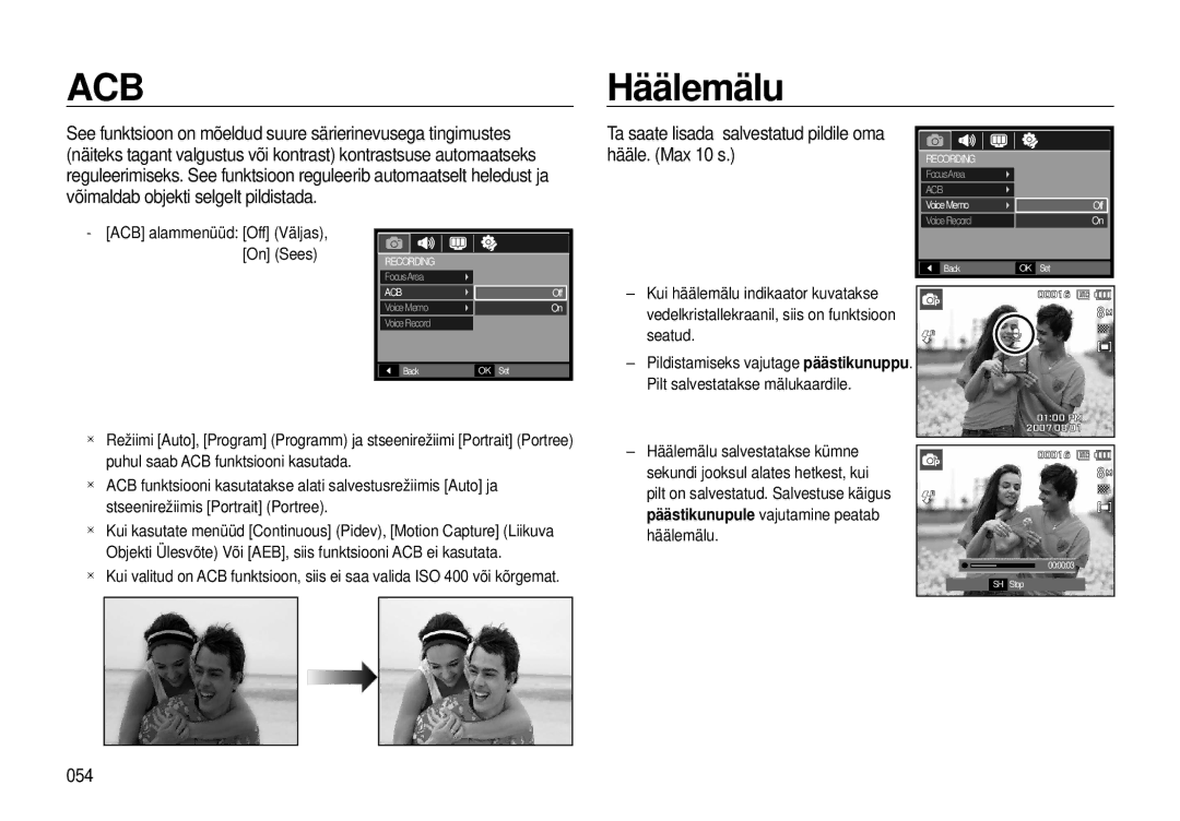 Samsung EC-I8ZZZBBA/RU, EC-I8ZZZWBA/RU manual Häälemälu, Ta saate lisada salvestatud pildile oma hääle. Max 10 s, 054 