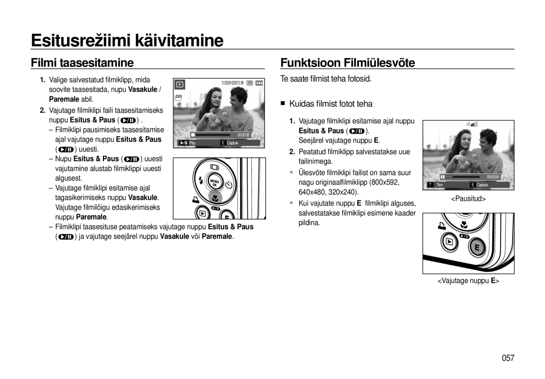 Samsung EC-I8ZZZWBA/RU, EC-I8ZZZBBA/RU manual Filmi taasesitamine, Funktsioon Filmiülesvõte, 057 