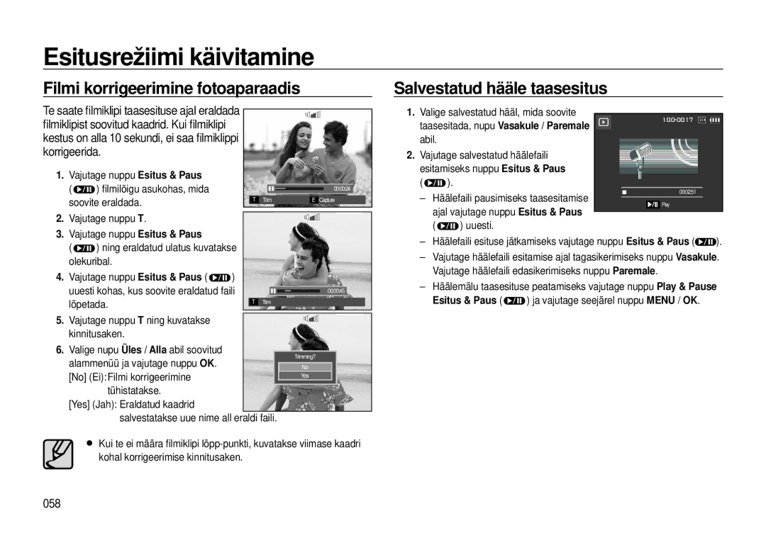 Samsung EC-I8ZZZBBA/RU, EC-I8ZZZWBA/RU manual Kestus on alla 10 sekundi, ei saa ﬁlmiklippi korrigeerida, 058 