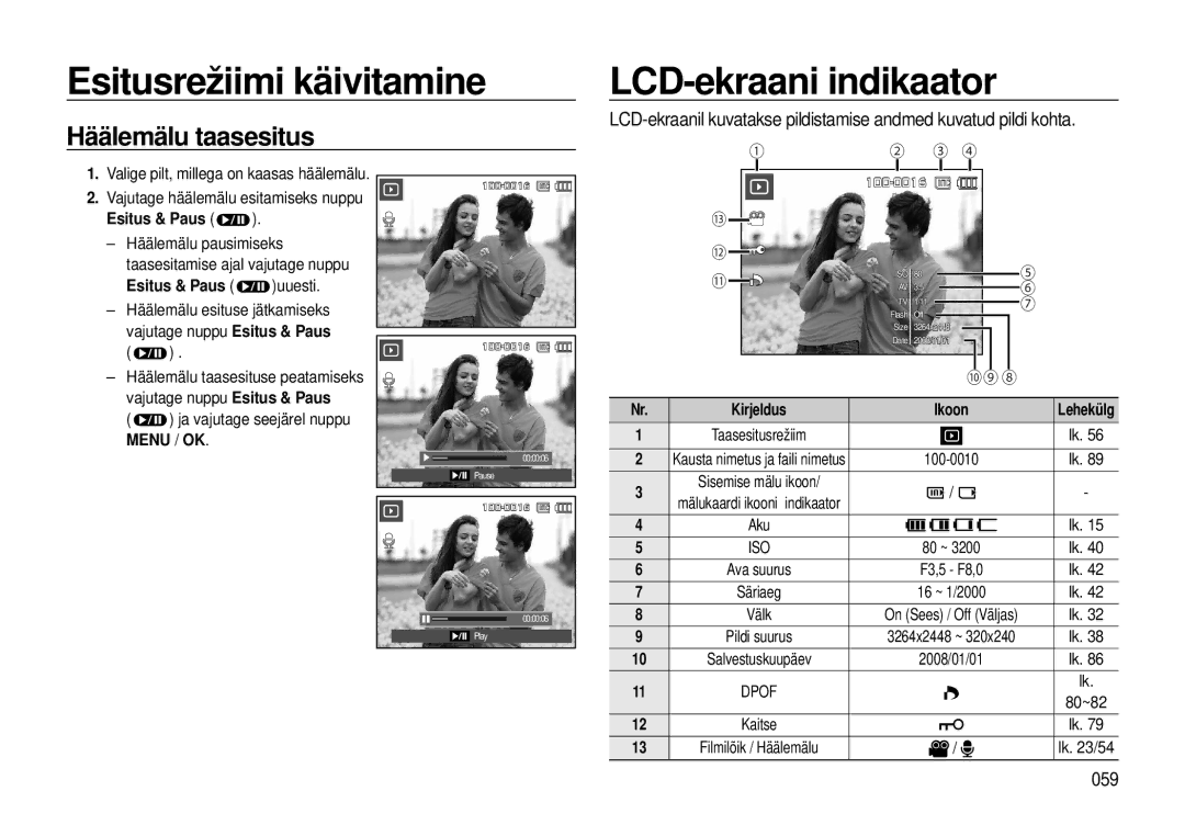 Samsung EC-I8ZZZWBA/RU, EC-I8ZZZBBA/RU manual Häälemälu taasesitus, 059, Esitus & Paus uuesti 