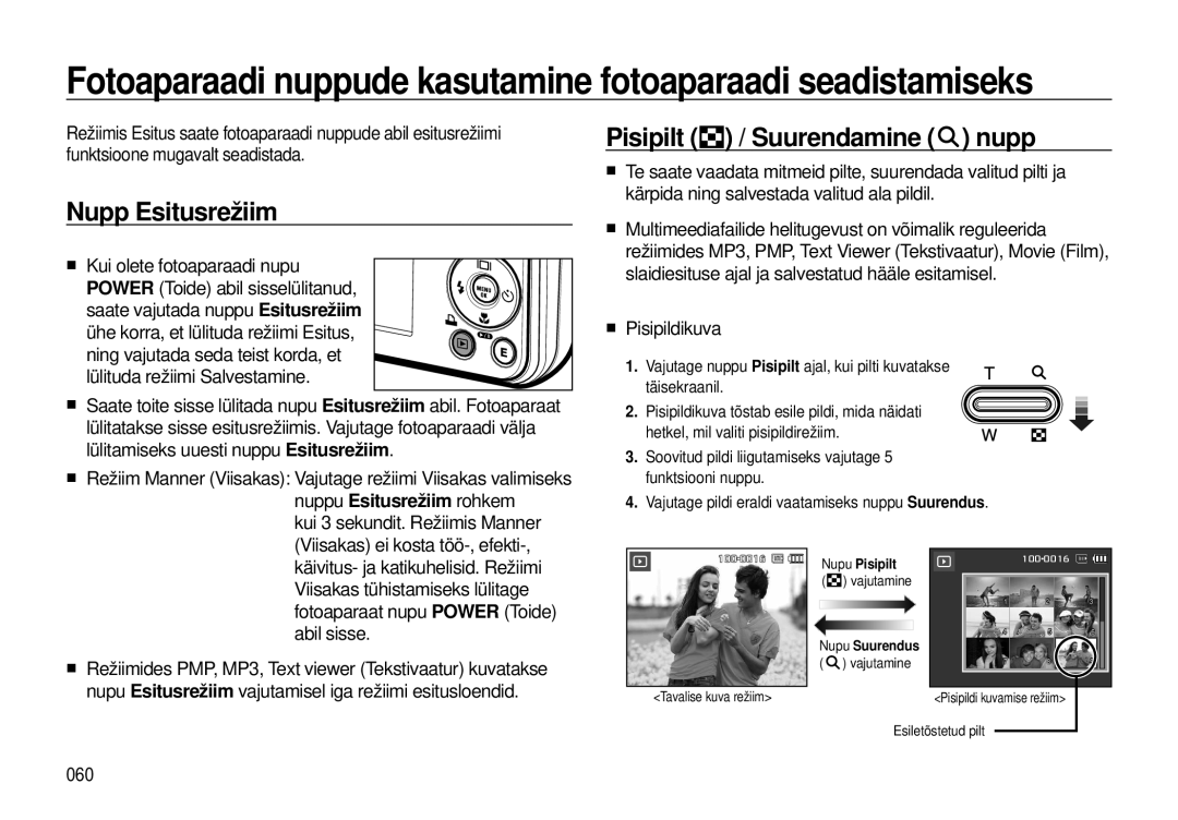 Samsung EC-I8ZZZBBA/RU, EC-I8ZZZWBA/RU manual Nupp Esitusrežiim, Pisipilt / Suurendamine nupp 