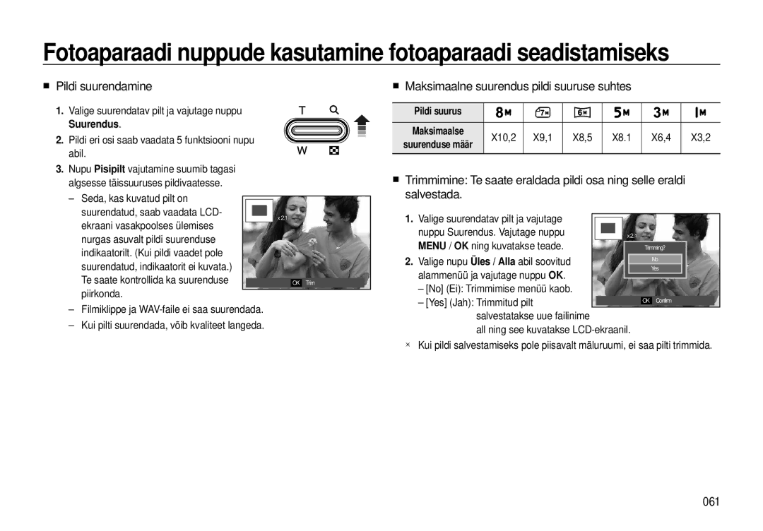 Samsung EC-I8ZZZWBA/RU, EC-I8ZZZBBA/RU manual „ Pildi suurendamine, „ Maksimaalne suurendus pildi suuruse suhtes, 061 