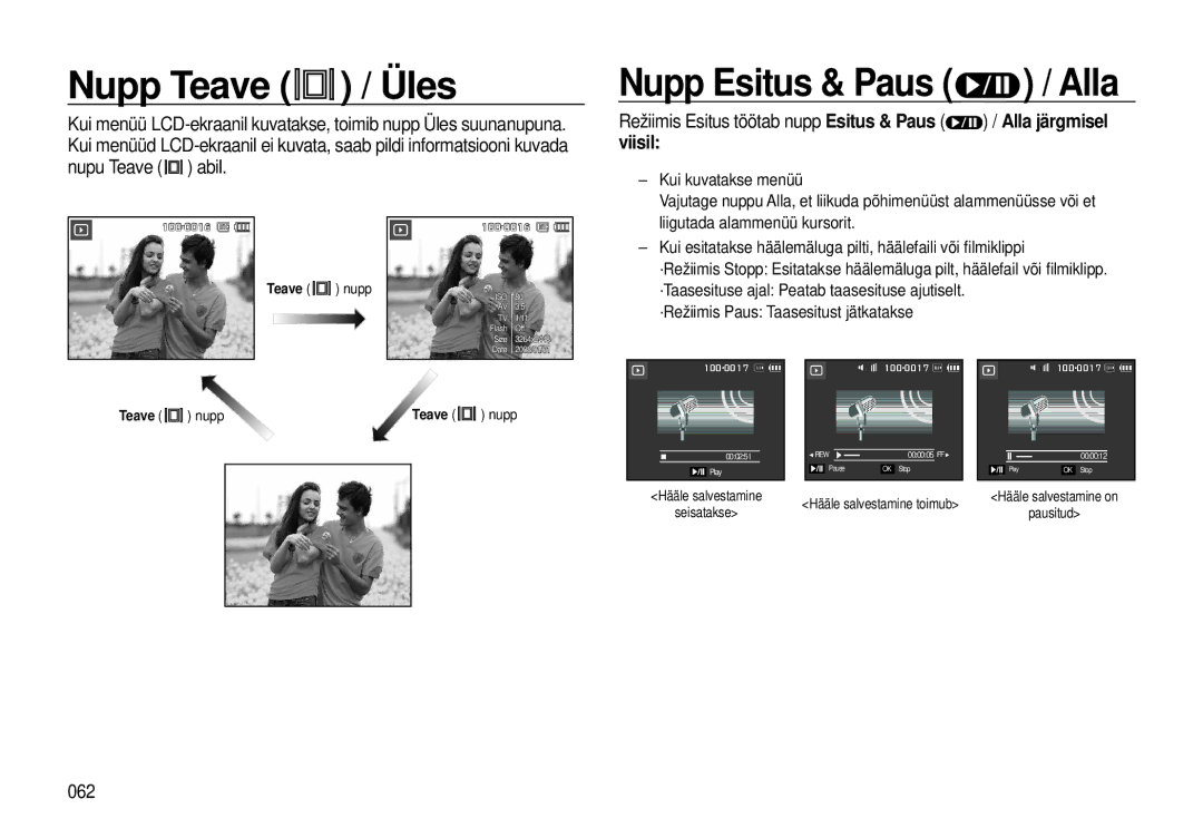 Samsung EC-I8ZZZBBA/RU, EC-I8ZZZWBA/RU manual Nupp Teave / Üles, Nupp Esitus & Paus / Alla, 062 