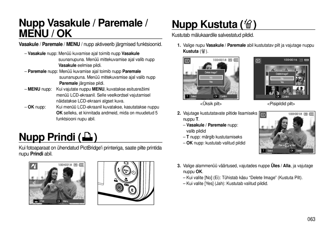 Samsung EC-I8ZZZWBA/RU Nupp Vasakule / Paremale, Nupp Kustuta, Nupp Prindi, Kustutab mälukaardile salvestatud pildid, 063 