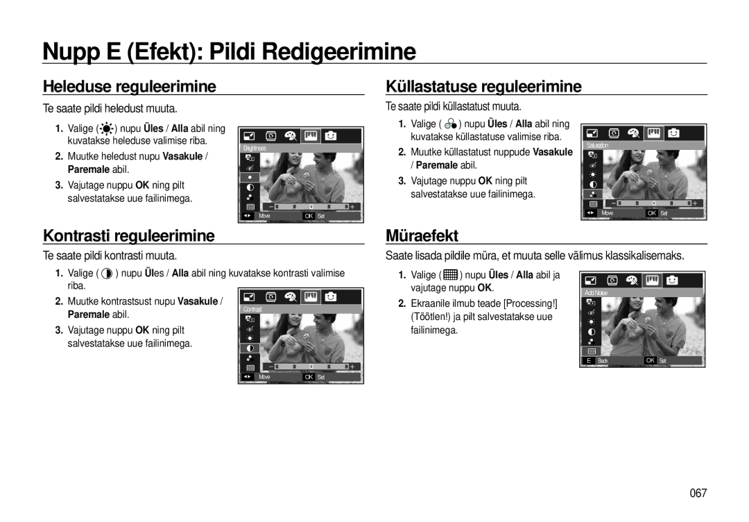 Samsung EC-I8ZZZWBA/RU manual Heleduse reguleerimine, Küllastatuse reguleerimine, Kontrasti reguleerimine, Müraefekt 