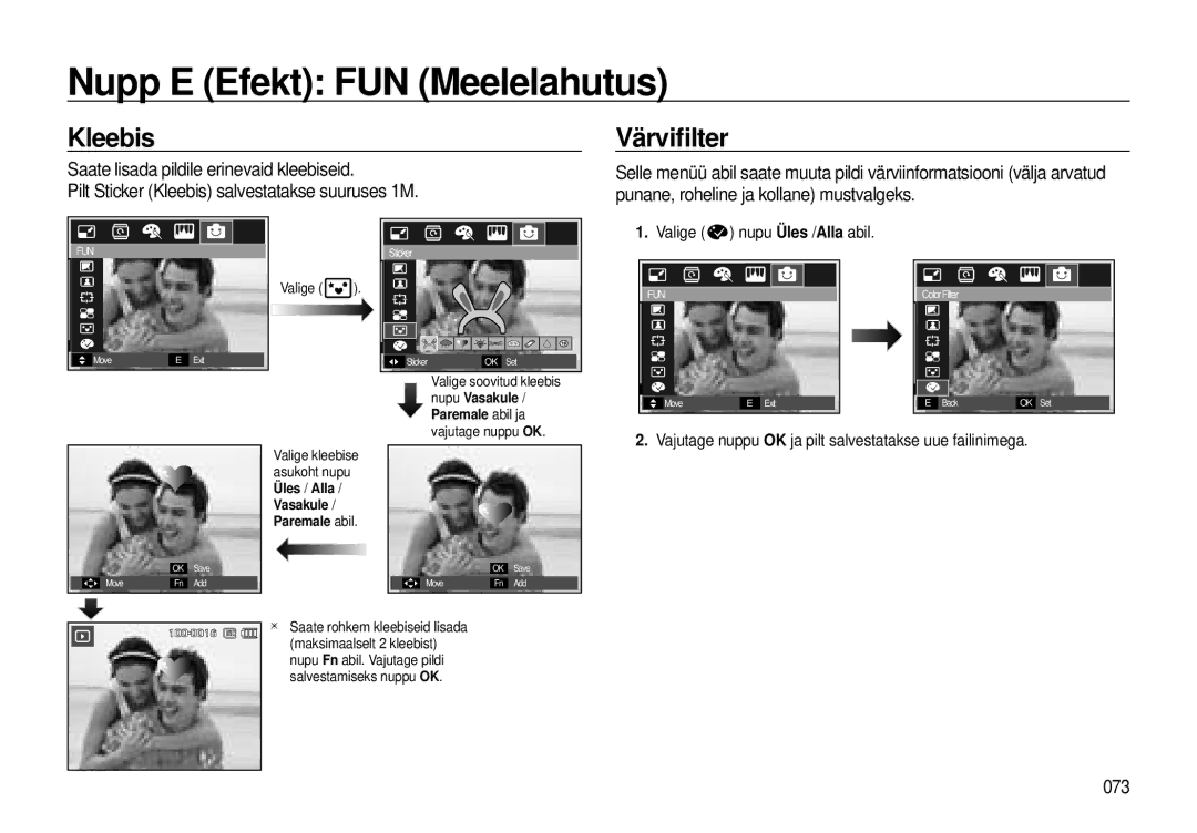 Samsung EC-I8ZZZWBA/RU, EC-I8ZZZBBA/RU manual Kleebis, Värviﬁlter, 073, Valige nupu Üles /Alla abil 