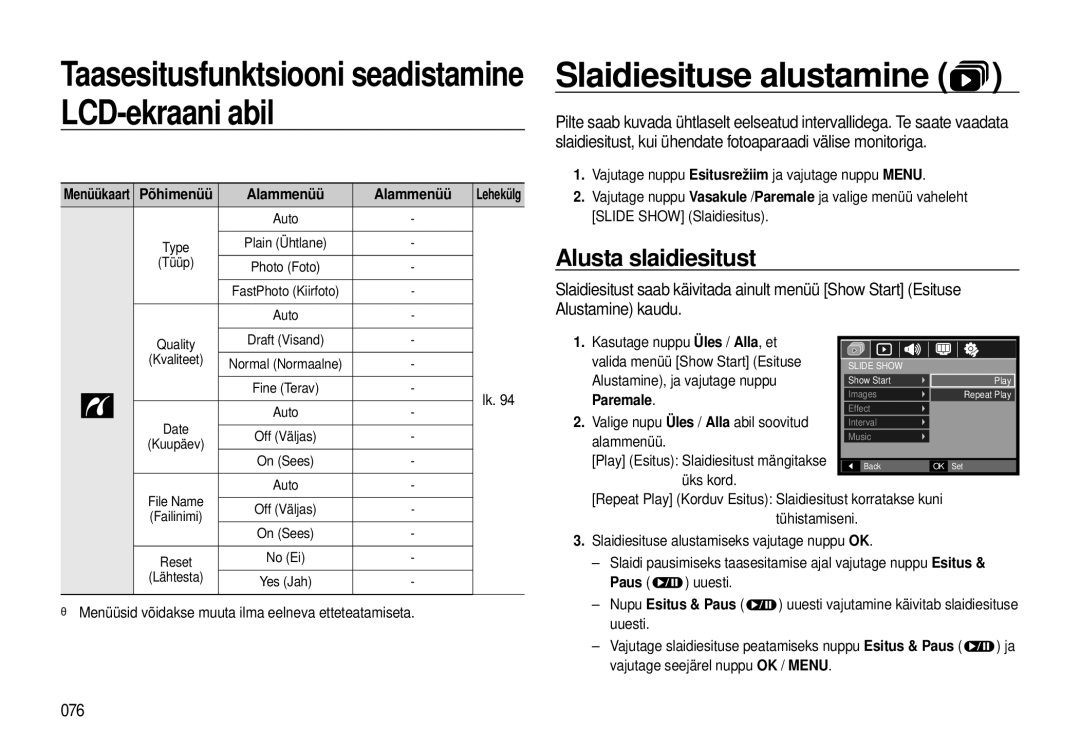 Samsung EC-I8ZZZBBA/RU, EC-I8ZZZWBA/RU manual Slaidiesituse alustamine, Alusta slaidiesitust, 076, Paremale 