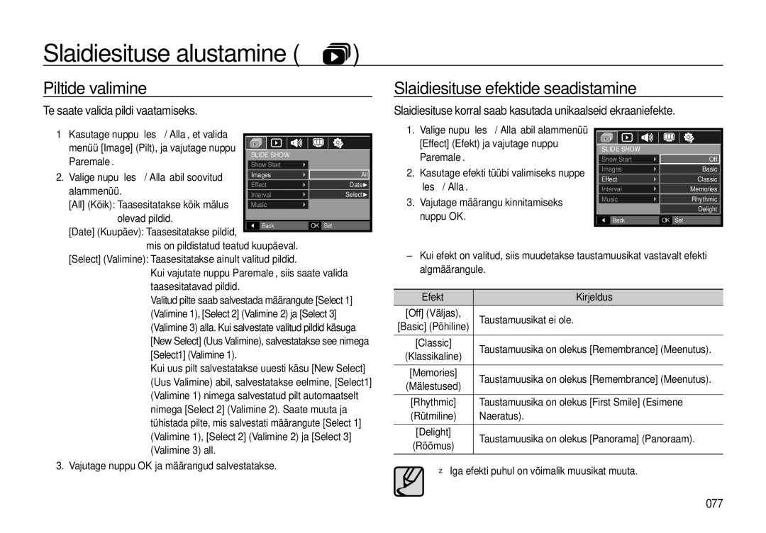 Samsung EC-I8ZZZWBA/RU manual Piltide valimine, Slaidiesituse efektide seadistamine, Te saate valida pildi vaatamiseks, 077 