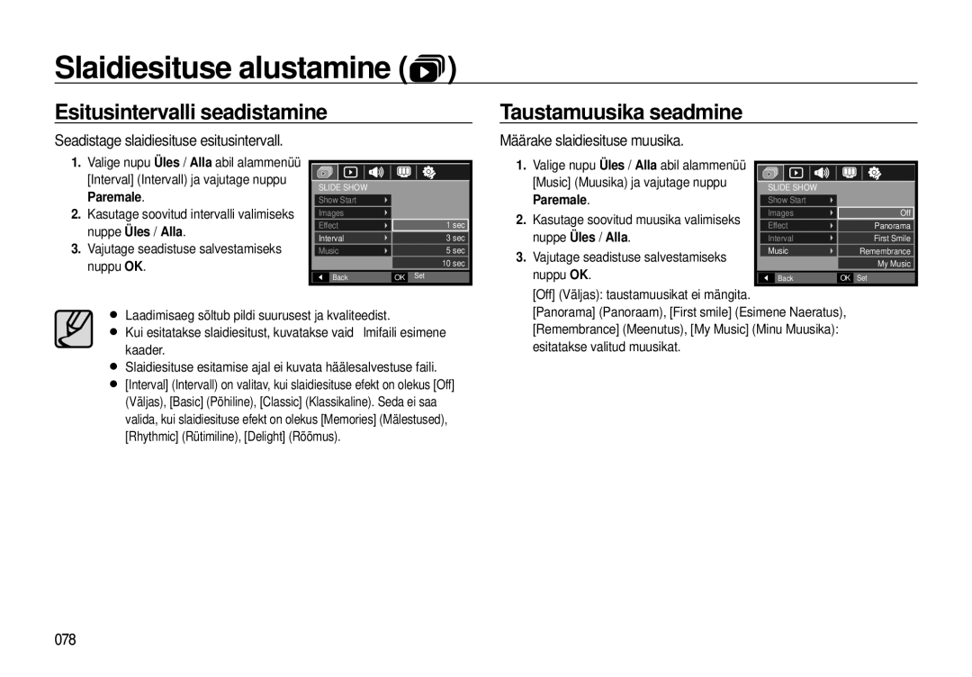 Samsung EC-I8ZZZBBA/RU manual Esitusintervalli seadistamine Taustamuusika seadmine, Määrake slaidiesituse muusika, 078 