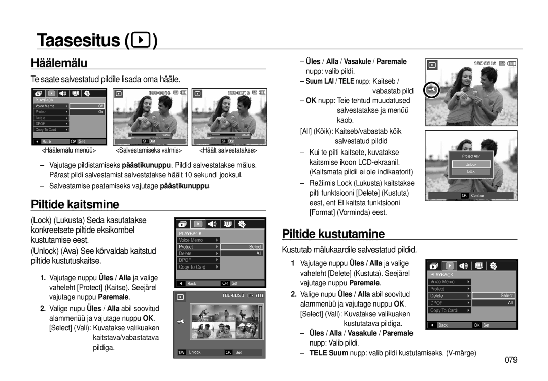 Samsung EC-I8ZZZWBA/RU, EC-I8ZZZBBA/RU manual Taasesitus, Häälemälu, Piltide kaitsmine, Piltide kustutamine 