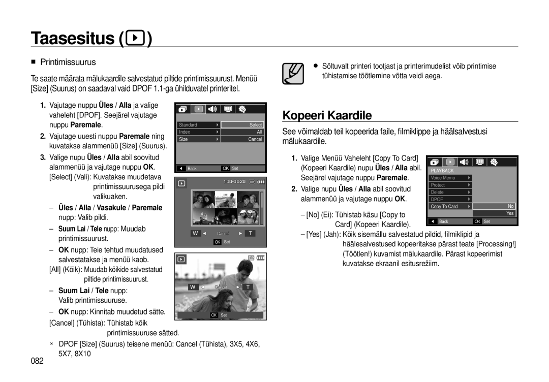 Samsung EC-I8ZZZBBA/RU, EC-I8ZZZWBA/RU manual Kopeeri Kaardile, „ Printimissuurus, 082, Suum Lai / Tele nupp Muudab 