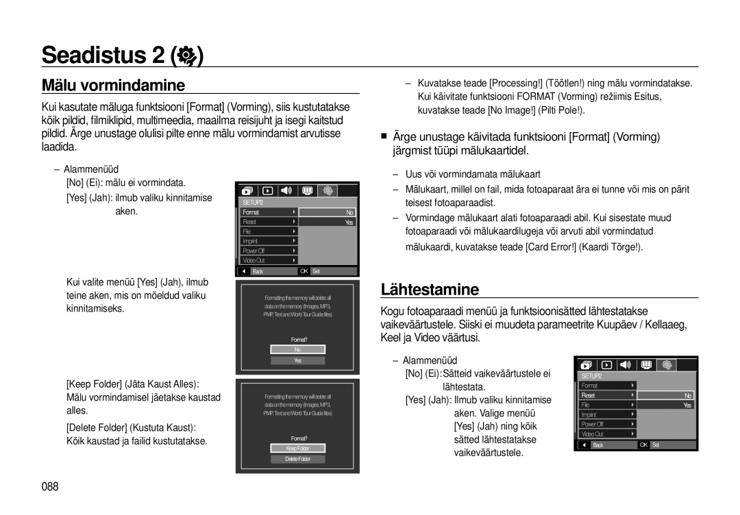 Samsung EC-I8ZZZBBA/RU manual Mälu vormindamine, Lähtestamine, „ Ärge unustage käivitada funktsiooni Format Vorming, 088 