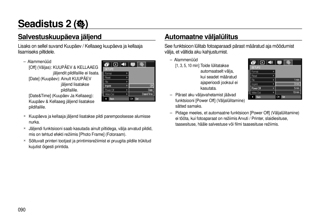 Samsung EC-I8ZZZBBA/RU, EC-I8ZZZWBA/RU manual Salvestuskuupäeva jäljend Automaatne väljalülitus, 090 