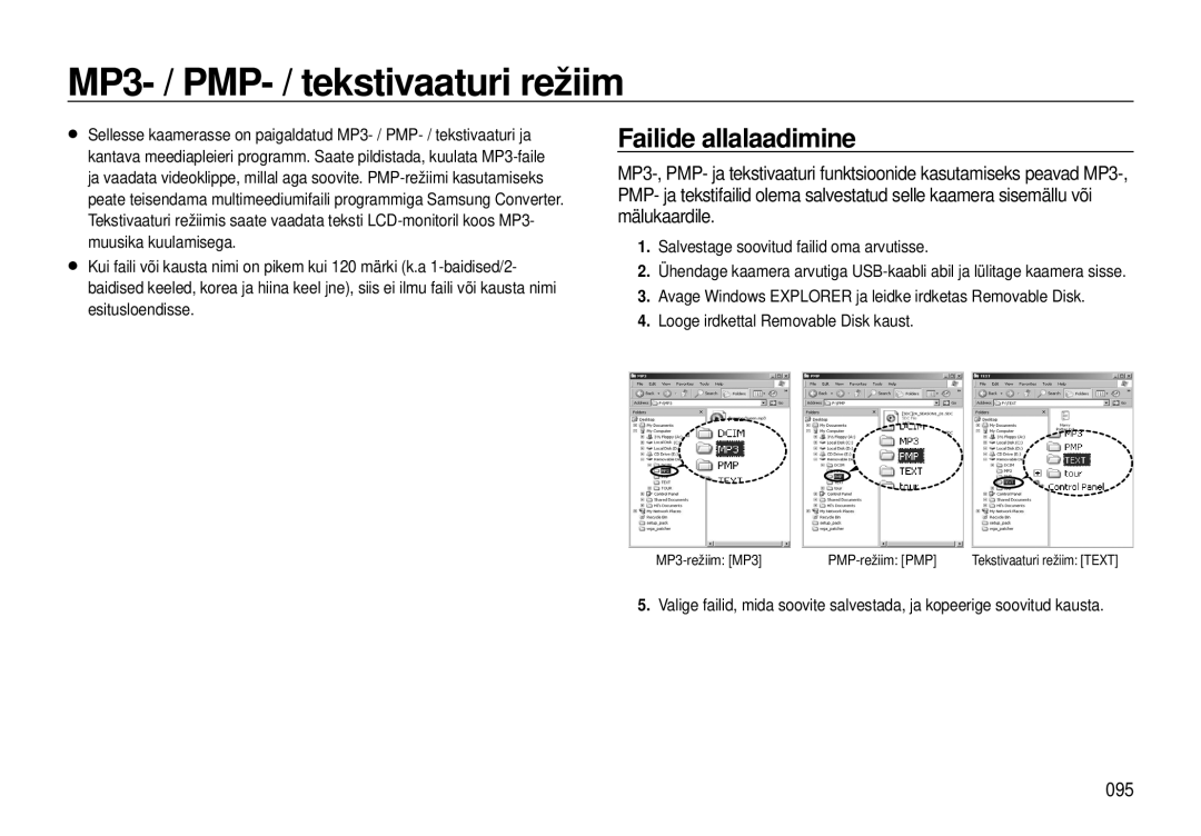 Samsung EC-I8ZZZWBA/RU, EC-I8ZZZBBA/RU manual MP3- / PMP- / tekstivaaturi režiim, Failide allalaadimine, 095 