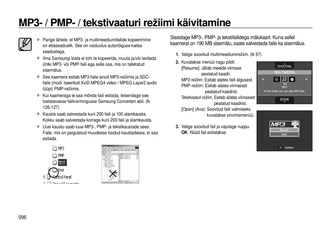 Samsung EC-I8ZZZBBA/RU, EC-I8ZZZWBA/RU manual MP3- / PMP- / tekstivaaturi režiimi käivitamine, 096 