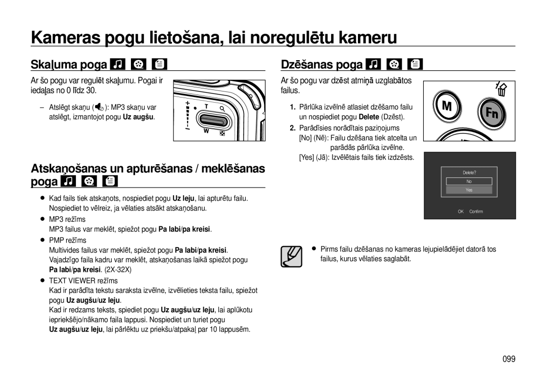 Samsung EC-I8ZZZWBA/RU, EC-I8ZZZBBA/RU manual Kameras pogu lietošana, lai noregulētu kameru, Skaļuma poga, Dzēšanas poga 