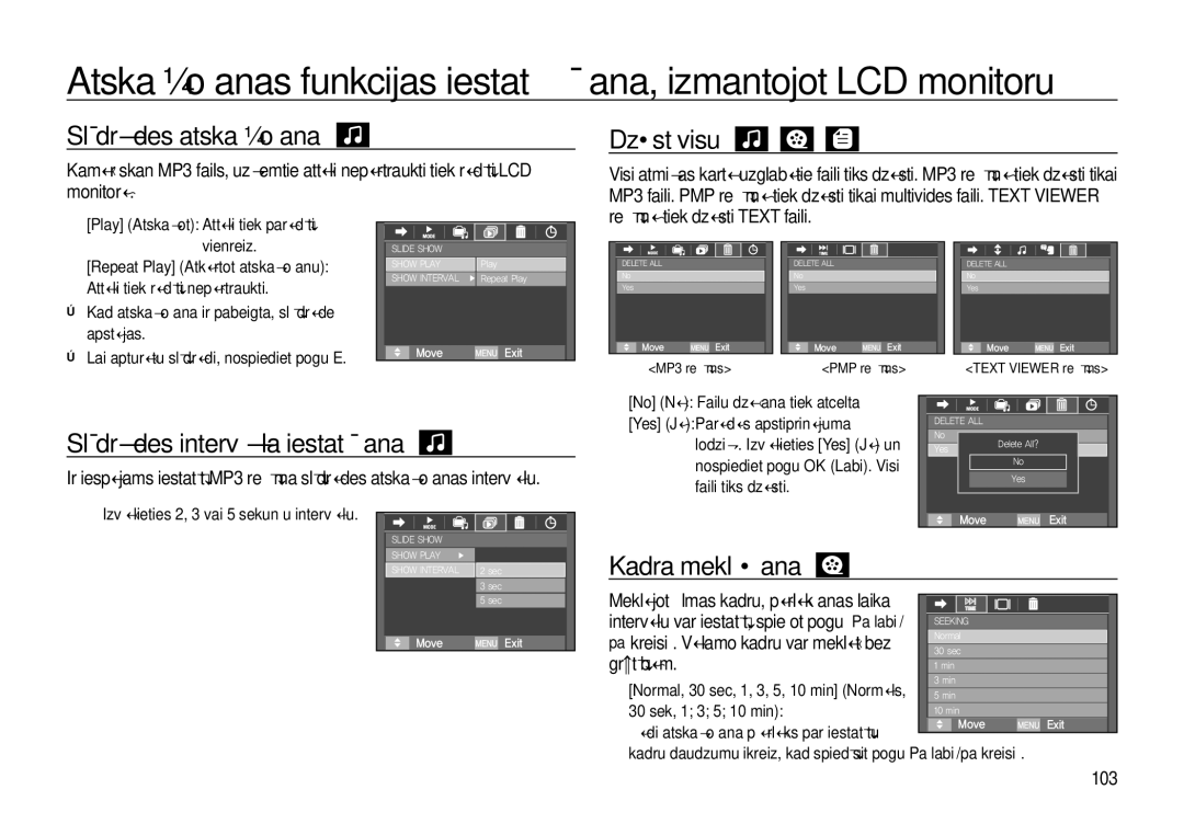 Samsung EC-I8ZZZWBA/RU, EC-I8ZZZBBA/RU manual Slīdrādes atskaņošana, Dzēst visu, Slīdrādes intervāla iestatīšana, 103 