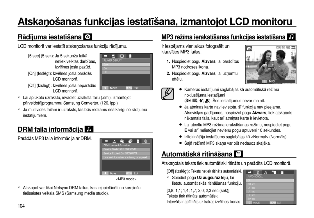 Samsung EC-I8ZZZBBA/RU, EC-I8ZZZWBA/RU manual Rādījuma iestatīšana, DRM faila informācija, Automātiskā ritināšana 