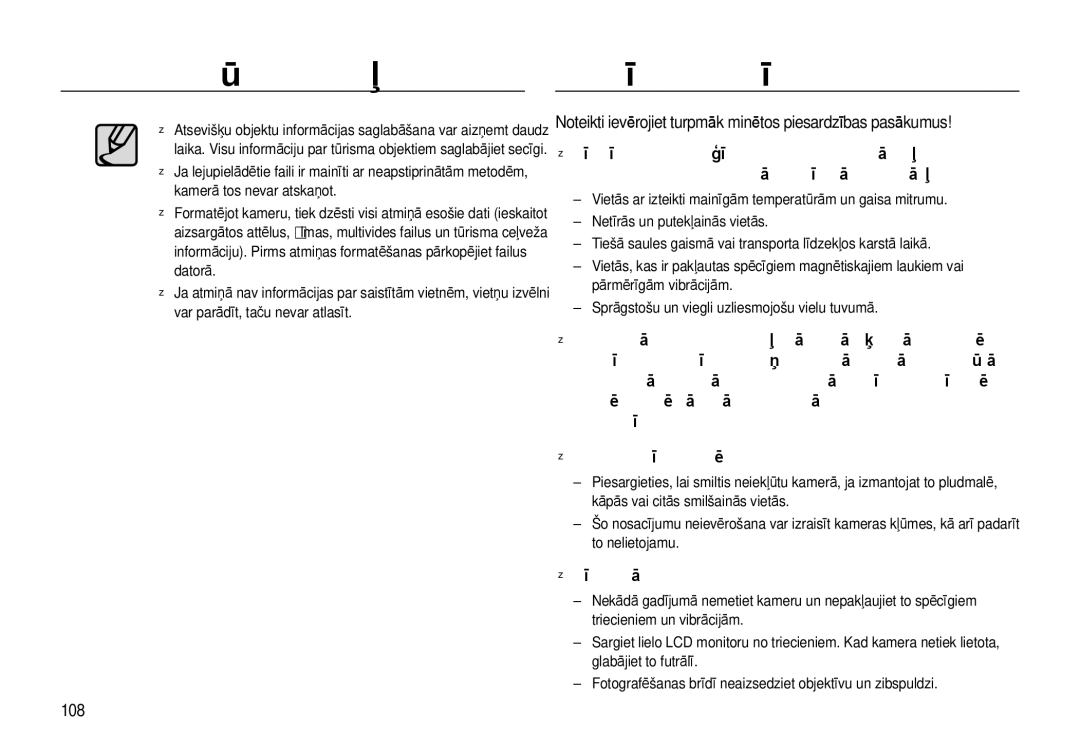 Samsung EC-I8ZZZBBA/RU, EC-I8ZZZWBA/RU manual Pasaules tūrisma ceļvedis Svarīgas piezīmes, 108 