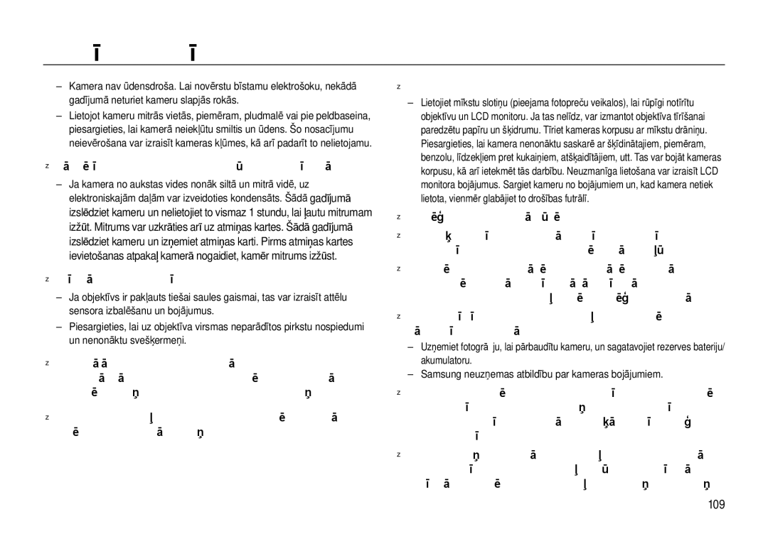 Samsung EC-I8ZZZWBA/RU, EC-I8ZZZBBA/RU manual 109, Pārmērīgi augsta vai zema temperatūra var izraisīt bojājumus 