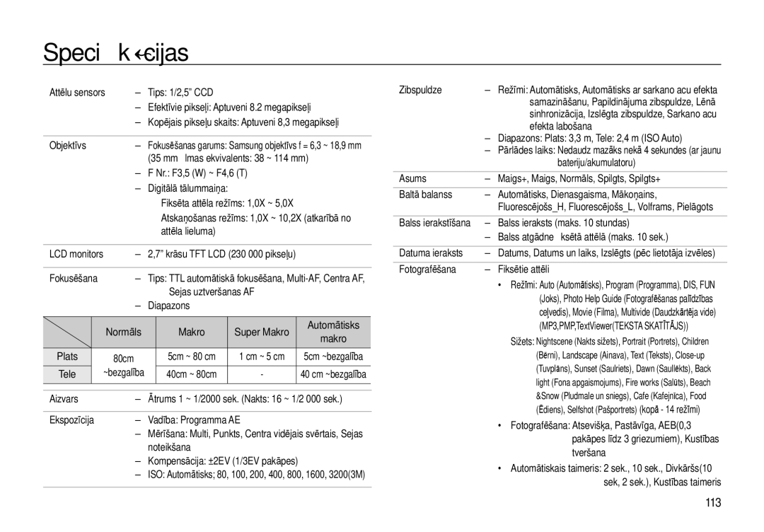 Samsung EC-I8ZZZWBA/RU, EC-I8ZZZBBA/RU manual Speciﬁkācijas, 113 