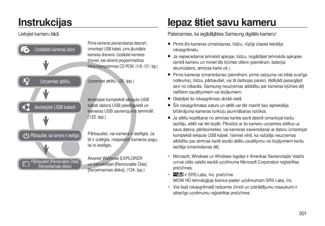 Samsung EC-I8ZZZWBA/RU, EC-I8ZZZBBA/RU manual Instrukcijas Iepazīstiet savu kameru, Lietojiet kameru šādi, 001 