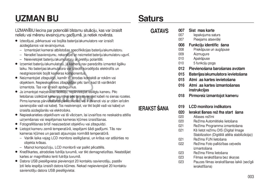 Samsung EC-I8ZZZWBA/RU, EC-I8ZZZBBA/RU manual Saturs, 003, Pievienošana barošanas avotam, Baterijas/akumulatora ievietošana 