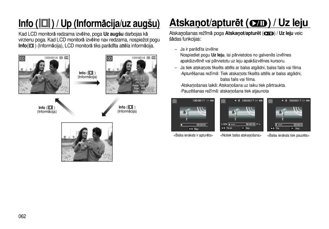 Samsung EC-I8ZZZBBA/RU, EC-I8ZZZWBA/RU manual Atskaņot/apturēt / Uz leju, 062 