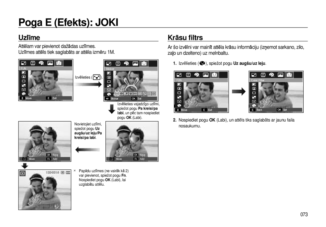 Samsung EC-I8ZZZWBA/RU, EC-I8ZZZBBA/RU manual Uzlīme, Krāsu ﬁltrs, 073, Izvēlieties , spiežot pogu Uz augšu/uz leju 