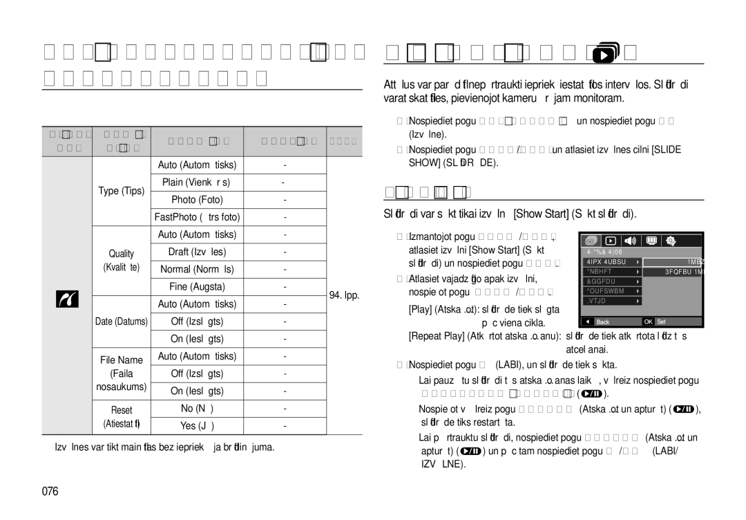 Samsung EC-I8ZZZBBA/RU manual Slīdrādes sākšana, Slīdrādi var sākt tikai izvēlnē Show Start Sākt slīdrādi, 076 