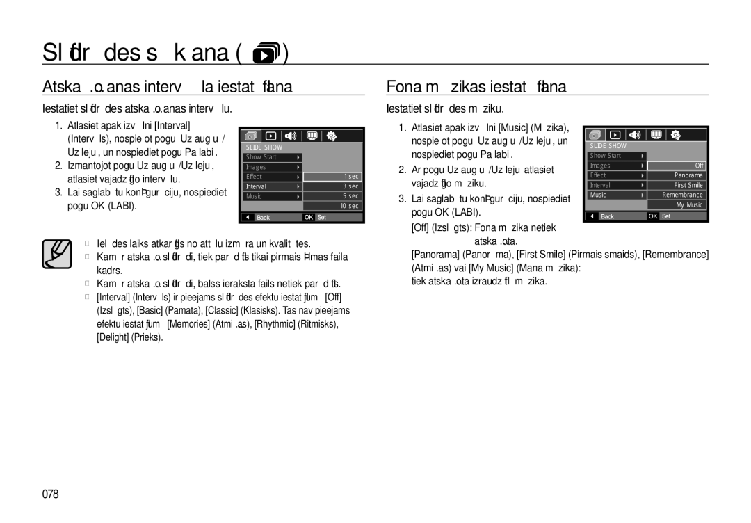 Samsung EC-I8ZZZBBA/RU manual Atskaņošanas intervāla iestatīšana Fona mūzikas iestatīšana, Iestatiet slīdrādes mūziku, 078 