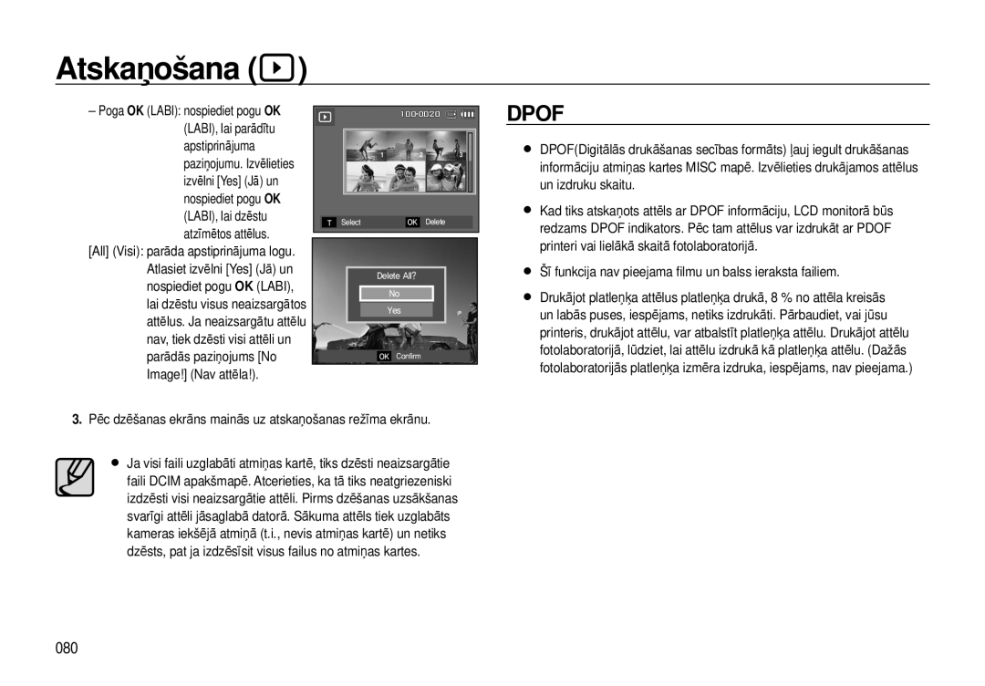 Samsung EC-I8ZZZBBA/RU, EC-I8ZZZWBA/RU manual 080, Šī funkcija nav pieejama ﬁlmu un balss ieraksta failiem 