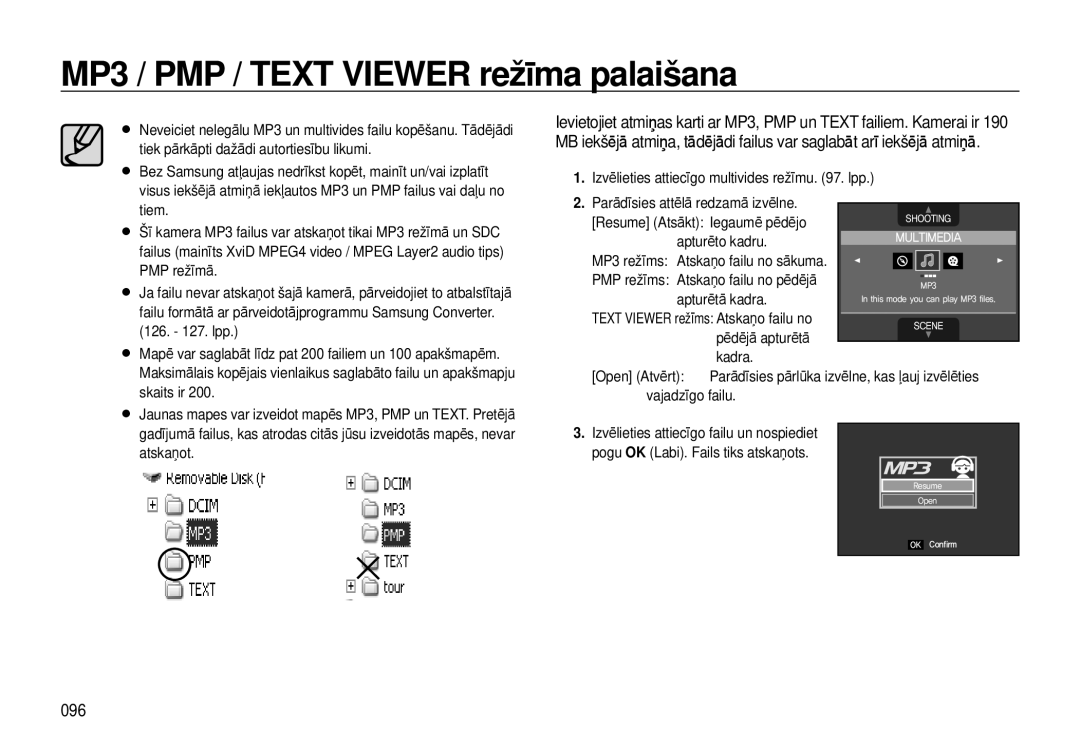 Samsung EC-I8ZZZBBA/RU MP3 / PMP / Text Viewer režīma palaišana, 096, Apturēto kadru, PMP režīms Atskaņo failu no pēdējā 