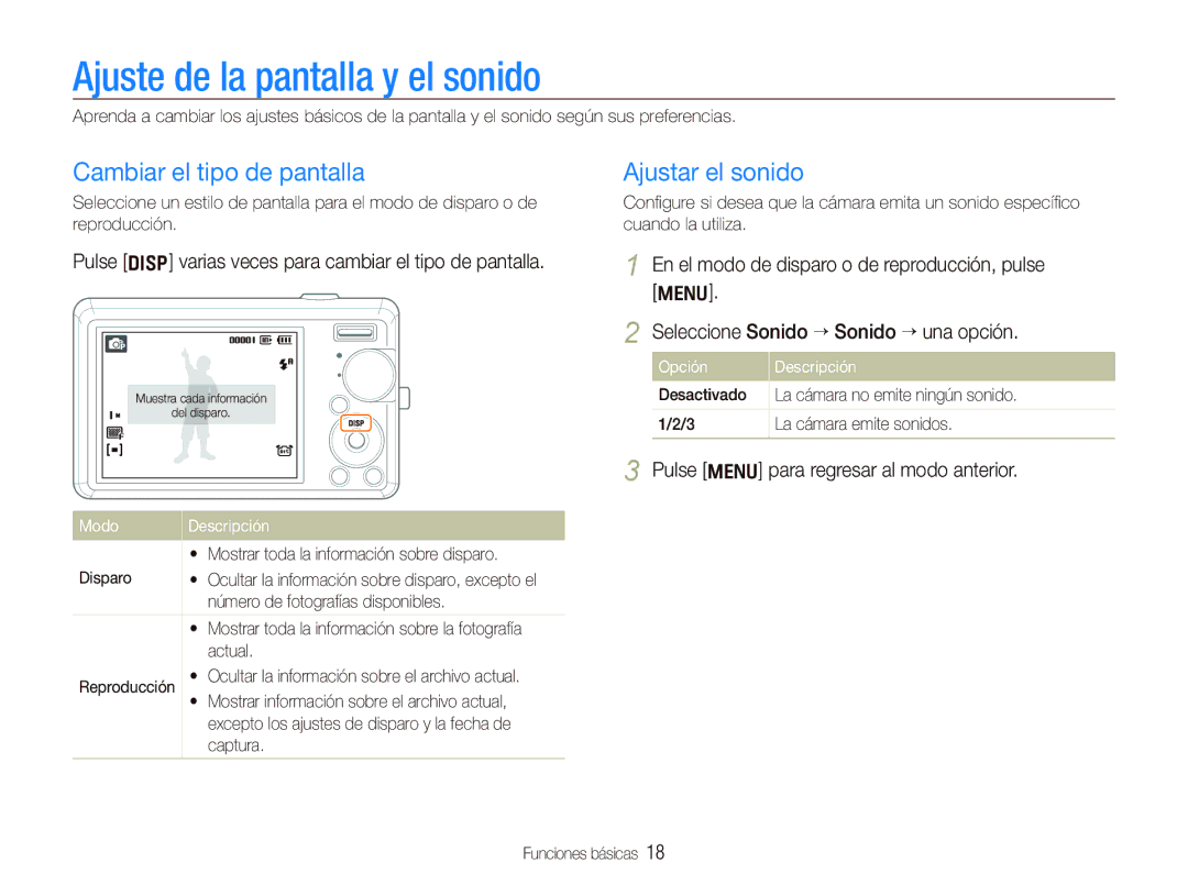 Samsung EC-IT100BBP/E1 manual Ajuste de la pantalla y el sonido, Cambiar el tipo de pantalla, Ajustar el sonido 