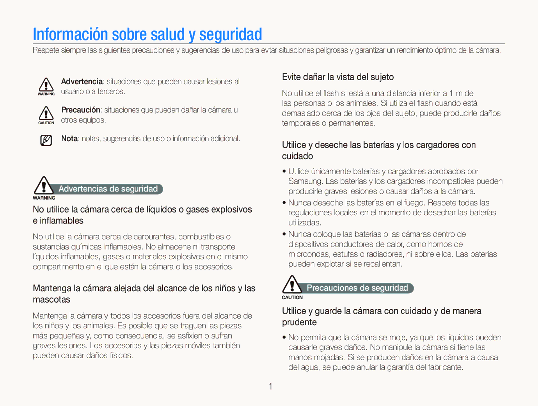 Samsung EC-IT100BBP/E1 manual Evite dañar la vista del sujeto, Utilice y deseche las baterías y los cargadores con cuidado 