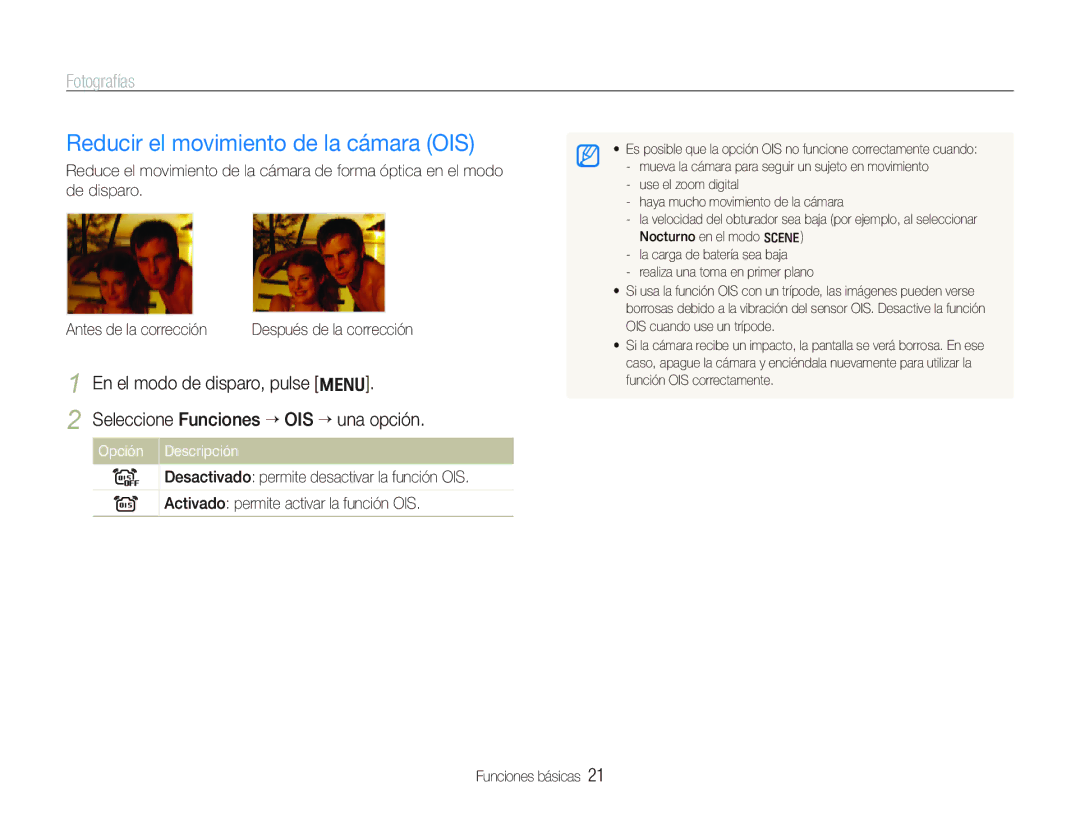 Samsung EC-IT100BBP/E1 Reducir el movimiento de la cámara OIS, Seleccione Funciones “ OIS “ una opción. Opción Descripción 