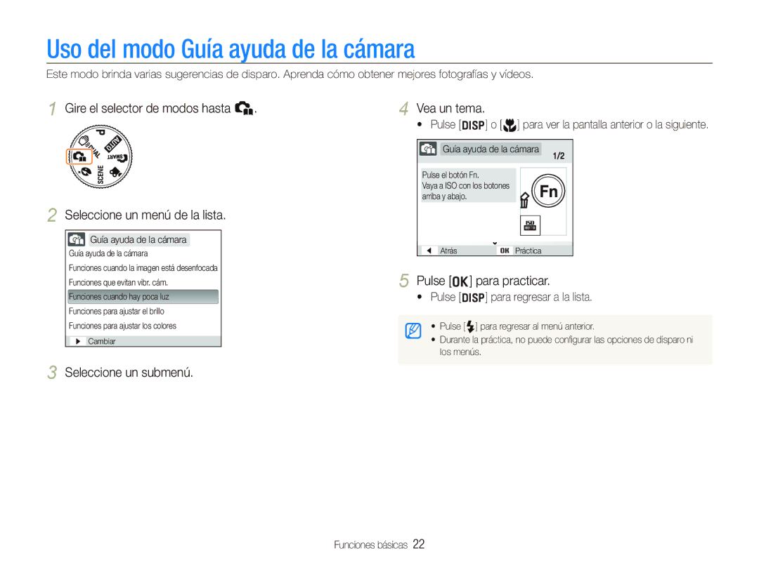 Samsung EC-IT100BBP/E1 Uso del modo Guía ayuda de la cámara, Seleccione un submenú Vea un tema, Pulse o para practicar 