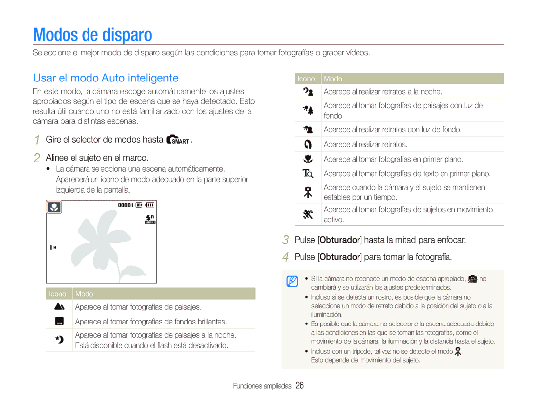 Samsung EC-IT100BBP/E1 manual Modos de disparo, Usar el modo Auto inteligente, Icono Modo, Funciones ampliadas 