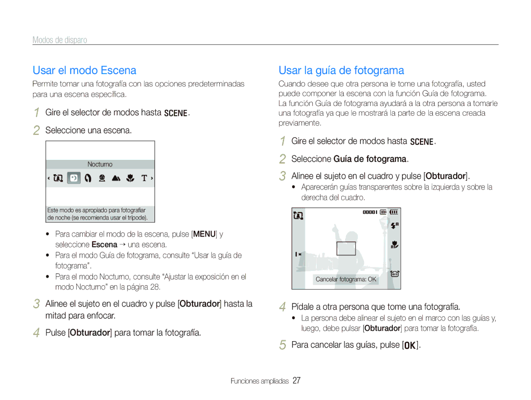 Samsung EC-IT100BBP/E1 manual Usar el modo Escena, Usar la guía de fotograma, Modos de disparo 