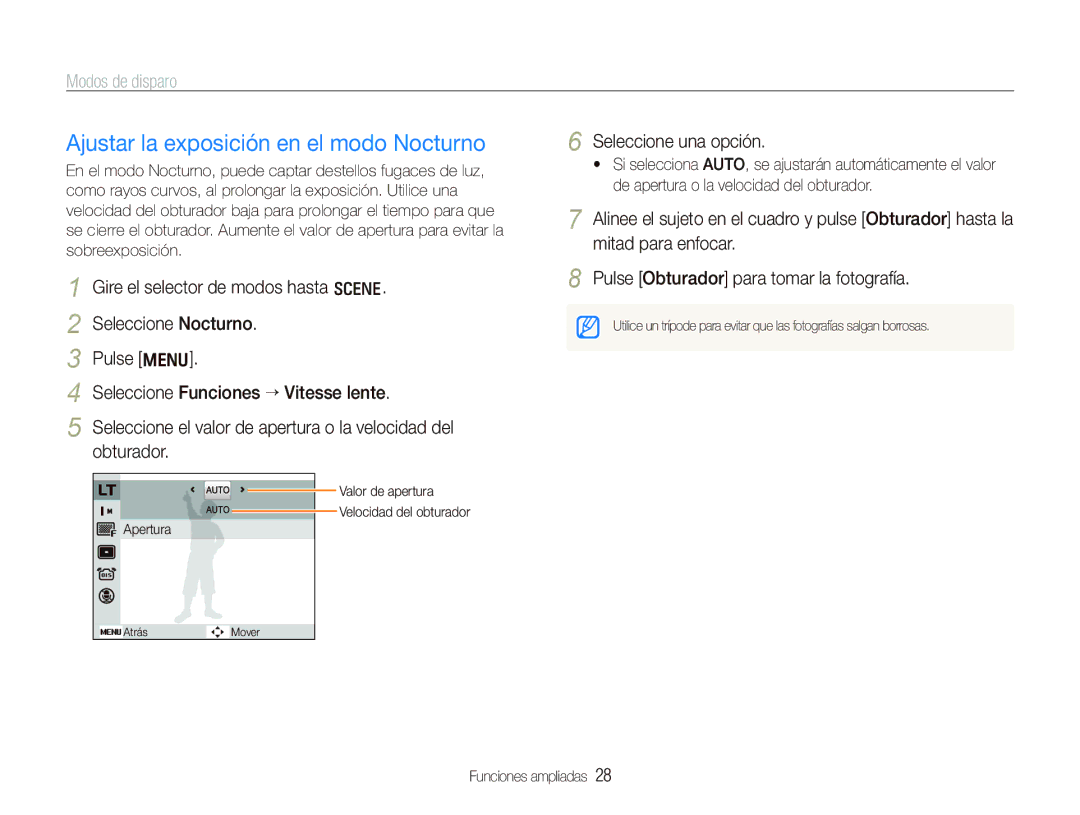 Samsung EC-IT100BBP/E1 manual Ajustar la exposición en el modo Nocturno, Seleccione una opción 