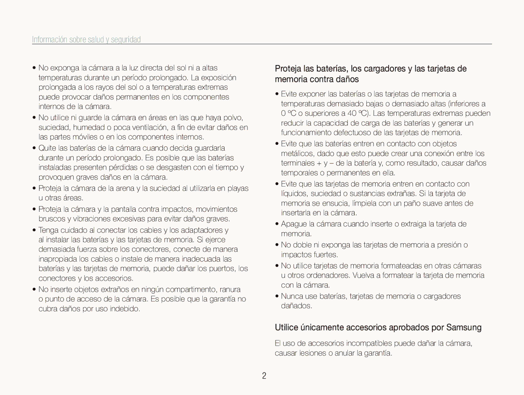 Samsung EC-IT100BBP/E1 manual Información sobre salud y seguridad, Utilice únicamente accesorios aprobados por Samsung 