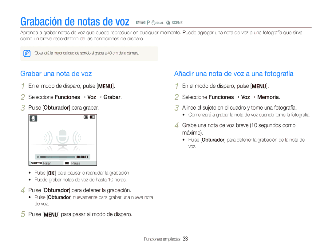 Samsung EC-IT100BBP/E1 manual Grabación de notas de voz a p d b s, Grabar una nota de voz 